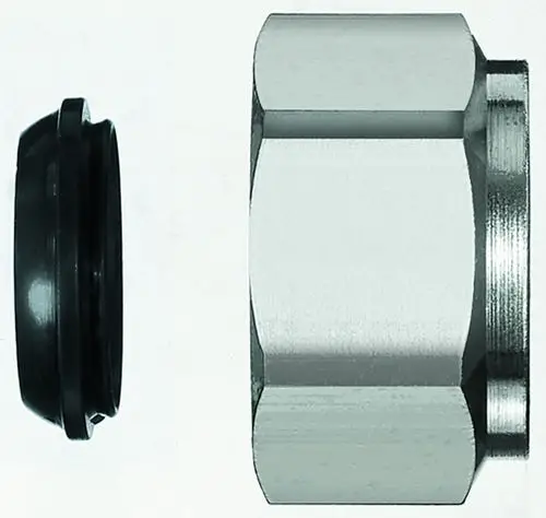 Klemmverschraubung aus Metall mit gummiertem Dichtring, geeignet für Rohrverbindungen. Produkt von IMI Hydronic Engineering.